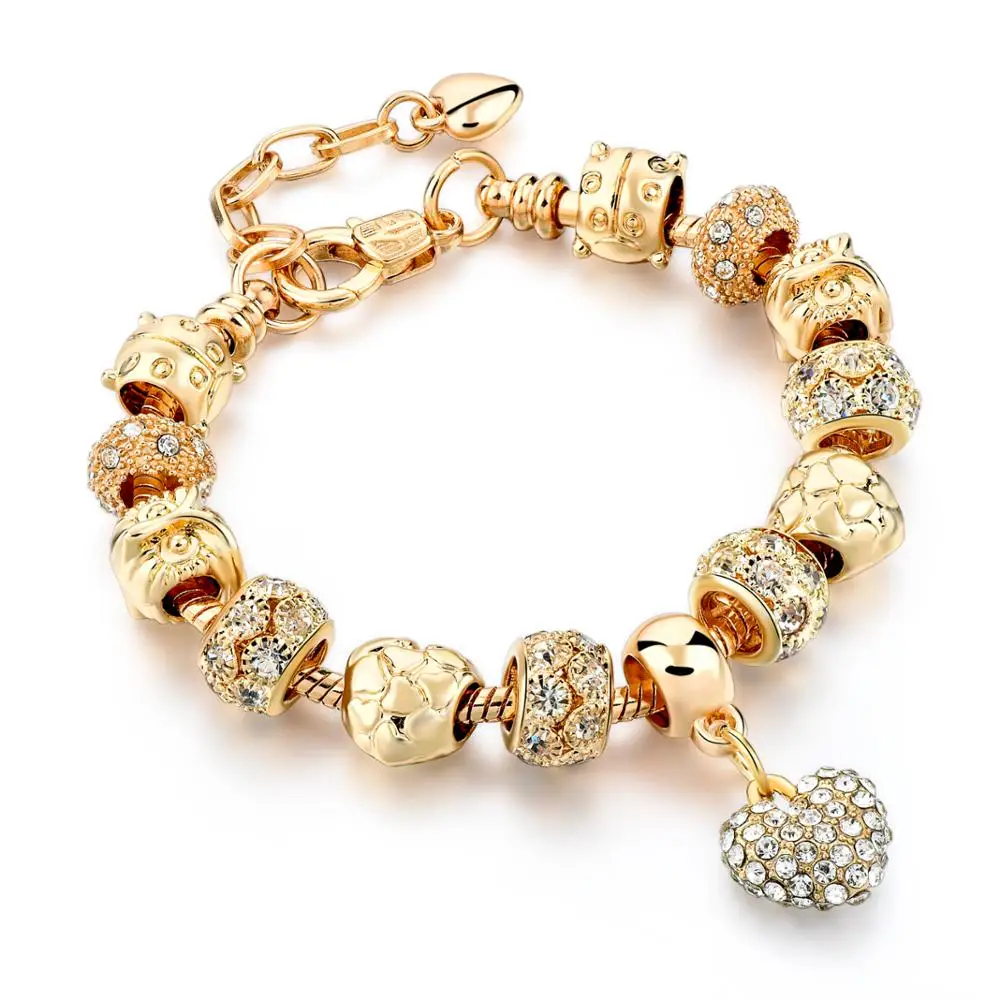 Murano glass beads gold  pendant bracelet with crystal heart pendant charm bracelet