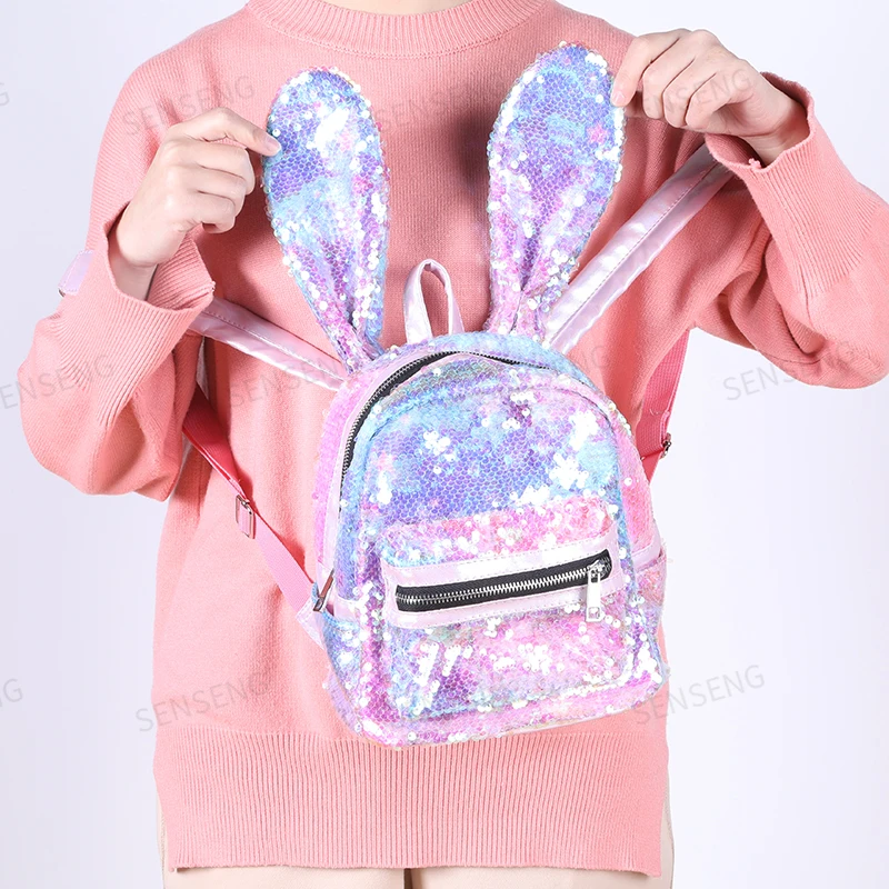 
Holographic cute rabbit ears small shoulders bag sequins tide package Kids school bag 