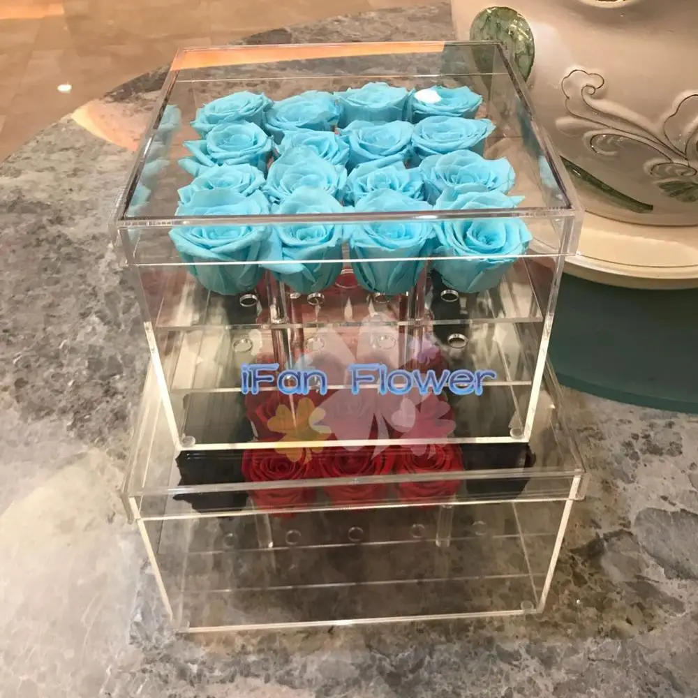 luxury preserved rose bud flower in tiffany blue color decoration china roses actylic boxes for wedding gift events