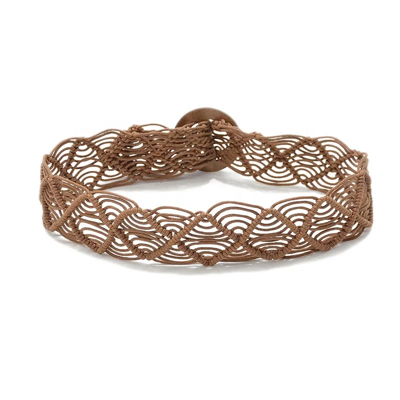 Ethnic Style Waist Chain Vintage Handmade Wax Rope Woven Wooden Buckle Belt