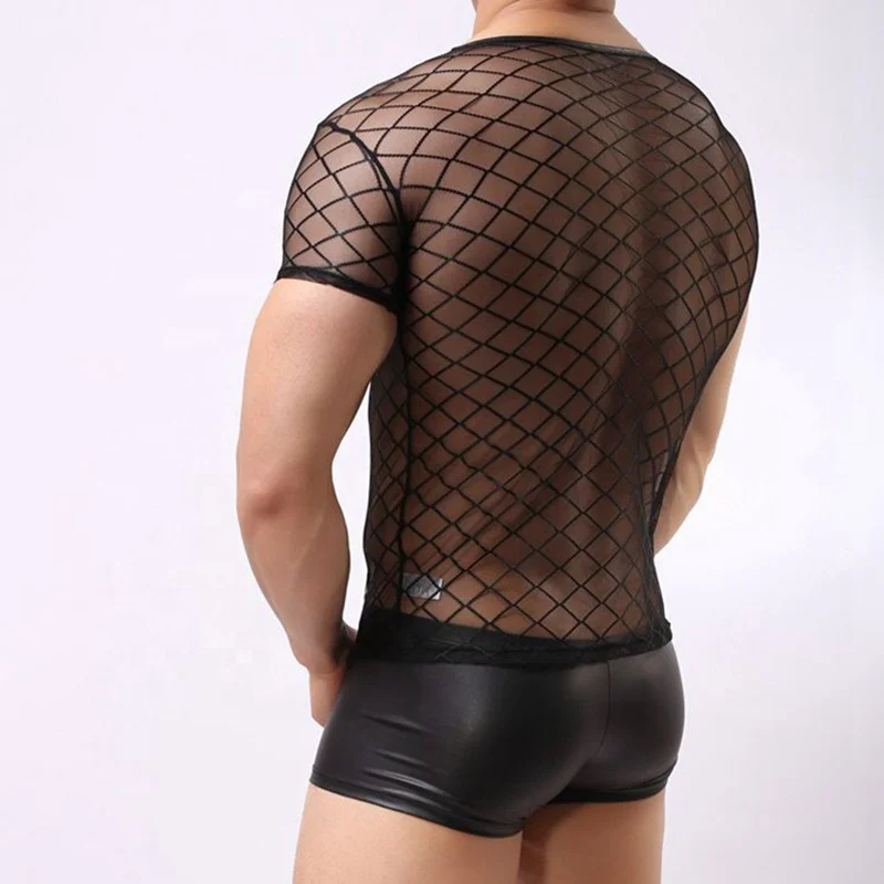 Сексуальное прозрачное облегающее Сетчатое сексуальное мужское нижнее белье для геев, сексуальная черная прозрачная одежда, Сексуальная футболка для мужчин
