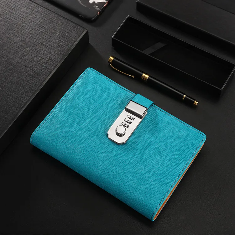 hight quality PU leather business diary notebook with lock loose-leaf pockets notebook with code lock gift box