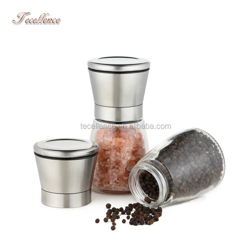 Manual Salt Pepper Grinder Set, Stainless Steel Pepper Grinder Mill with Glass Bottle