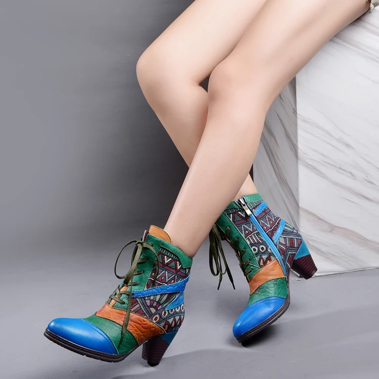 Women Retro Ankle Boot Cowhide Leather Handmade High Block Heels Lady Totem Boots Booties