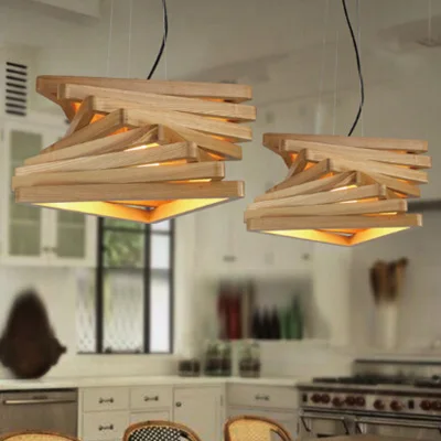 Wood Wall Lamps Eco Friendly Solid wood chandelier restaurant dining table lamp LED living room wooden art creative lamp