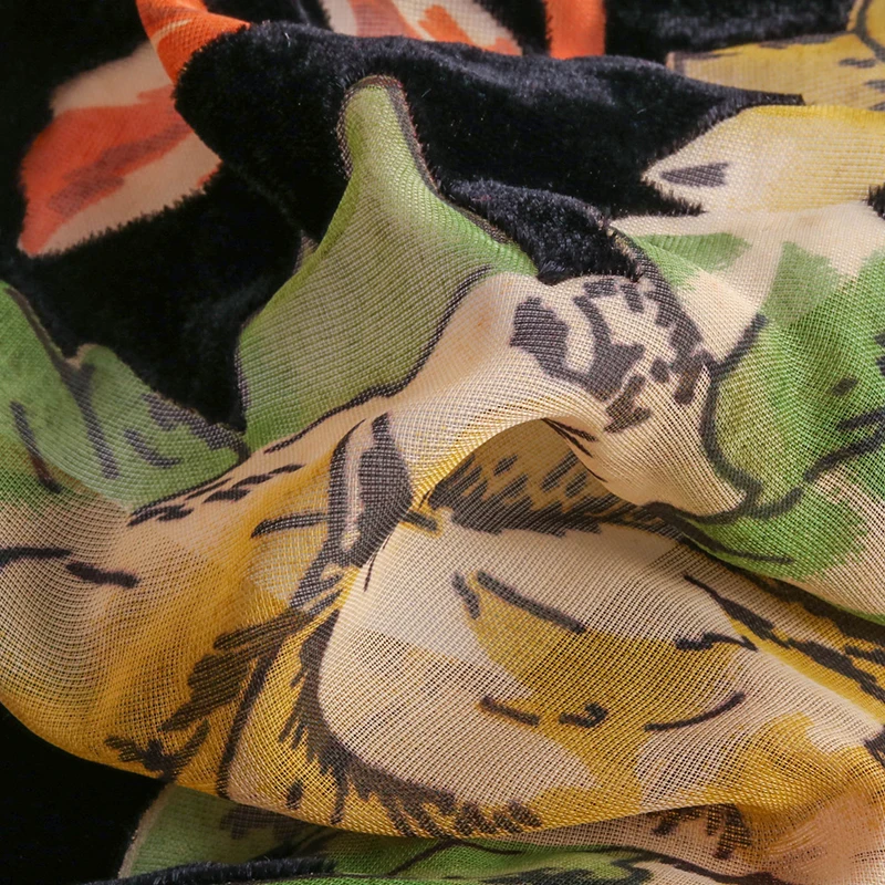 Nylon And Rayon Black Woven Print Flower Burn out Fabric For Dress