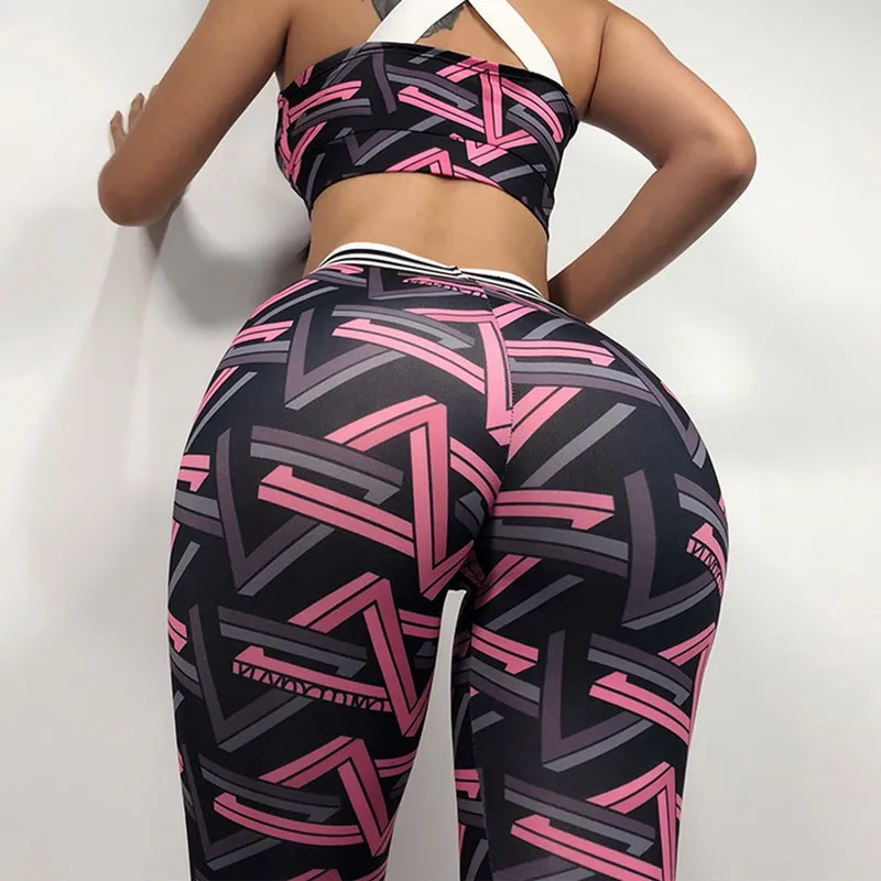 Fashion Striped Print Push Up Slim Jeggings Sporting Pants Fitness Women Yoga Leggings High Waisted Workout Clothing