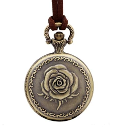 Ancient Genuine Leather Cord Antique Retro Bronze Rose Design Round Pendant  Pocket Watch