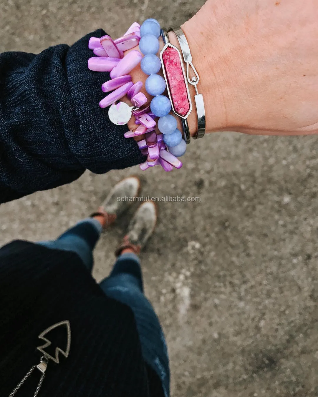 BS197024 Chic Round Gold Metal Spacer Beads Bracelet Large Turquoise Stone Bead Stretch Stack Bracelet