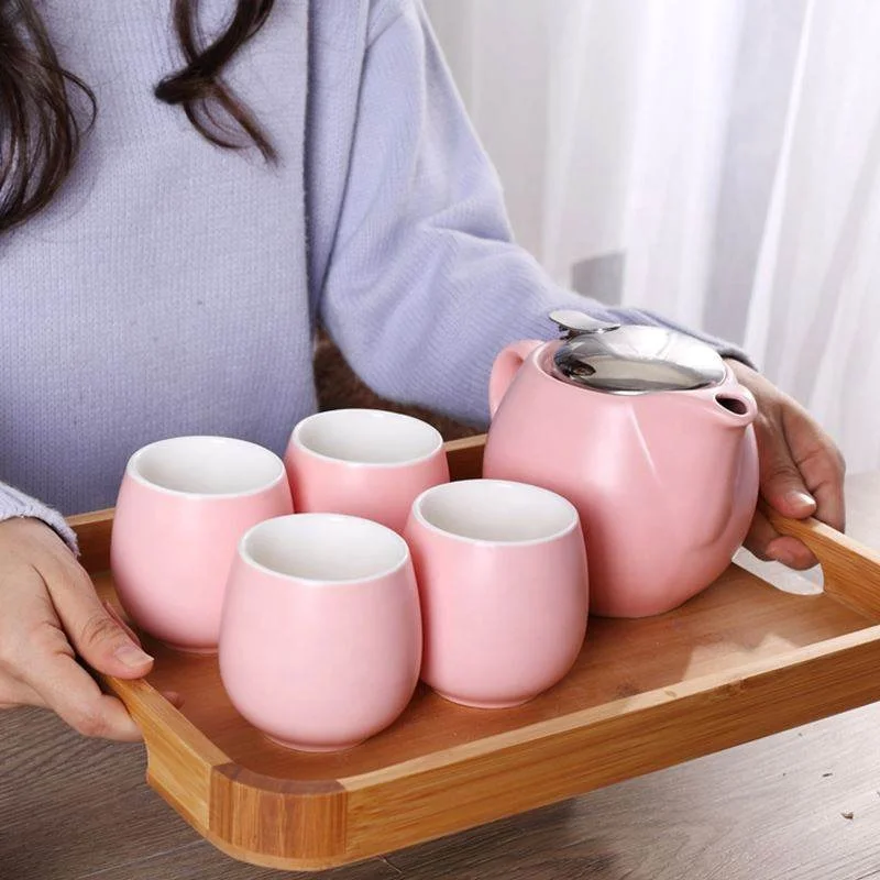 High Quality Nordic Design Matte Ceramic Pink Tea Pots And 4 Tea Cups Set And Saucer