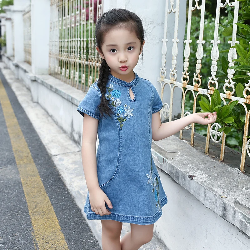 Заводская цена, китайский стиль, джинсовая ткань, Чонсам с вышивкой, джинсовое платье