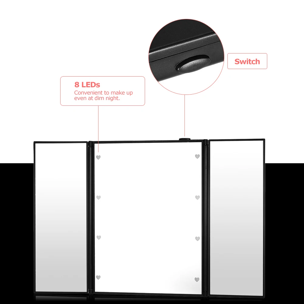 Fashionable Superior Foldable Tri-sided 8 LED Lighted Makeup Mirror Vanity Tabletop Mirror Black Square Shape for Women