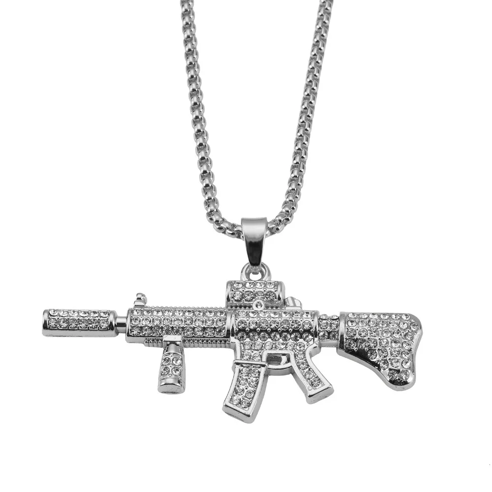Personalized Rappers Jewelry Bling Hip Hop Iced Out AAA CZ AK47 Carbine Pendant Necklace
