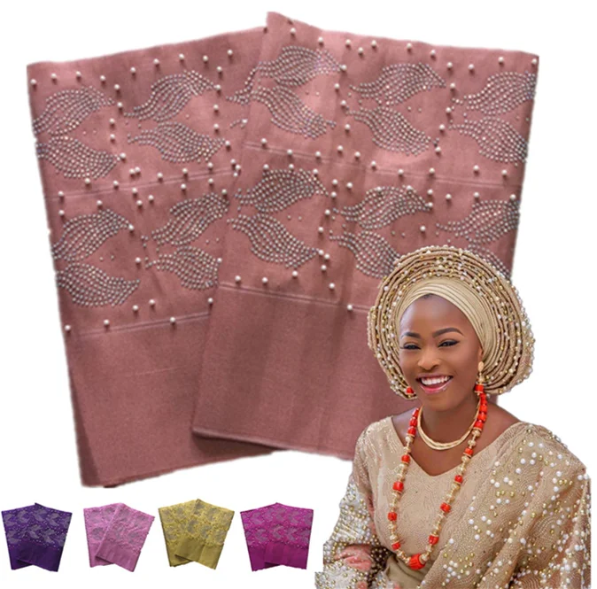 AH80504Best selling fashion nigerian aso oke headtie with beads and stones elegant peach aso oke warp