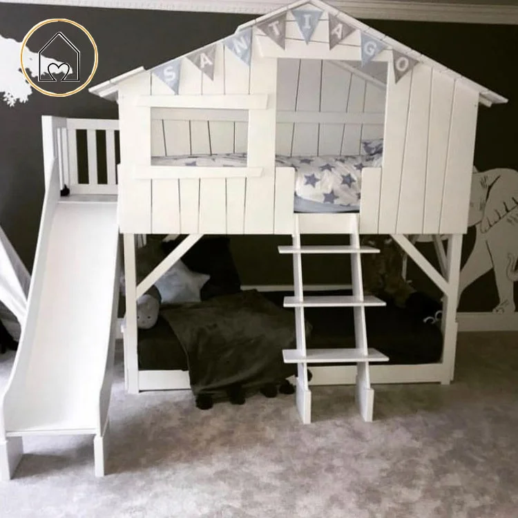 Kids boy playhouse bedroom furniture wooden white house loft bed with slide