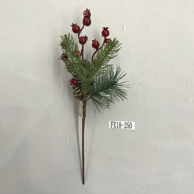 snowy Christmas floral picks with red berry and pine cone