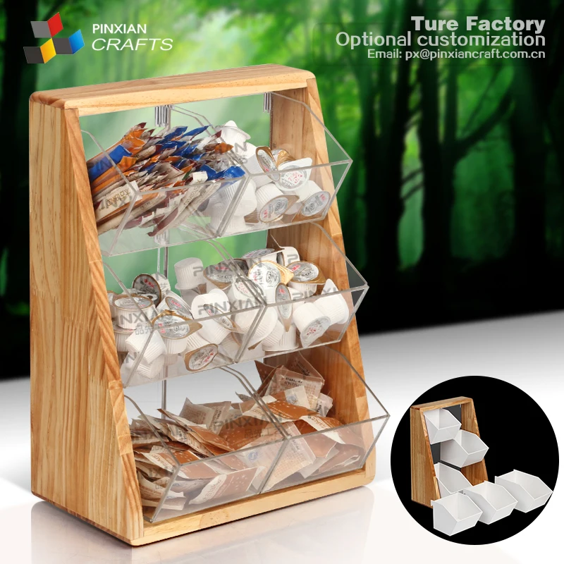 Restaurant Source coffee caddy pine wood frame Acrylic coffee cup Condiment Organizer food display rack pmma coffee display bins