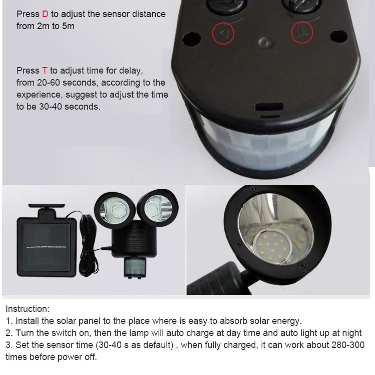 Solar Motion activated lamp outdoor wall light for garden fence and backyard Motion sensor wall light 2W split with 5m lead wire