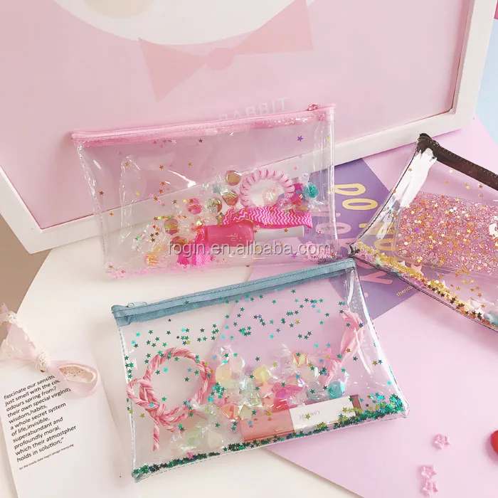Light Pink Stars Transparent Wallet Clear Zipper Cosmetic Bag PVC Purse Organizer Bag Glitter Bag