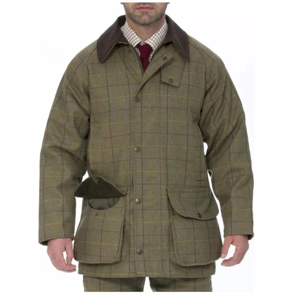 2019 wholesale mens tweed fabric hunting jacket for hunter water repellent shooting jacket