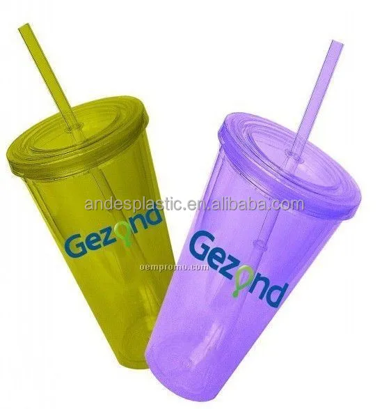 Bpa Free 16Oz Beverage Lid Double Wall Plastic Cup With Lid and Straw