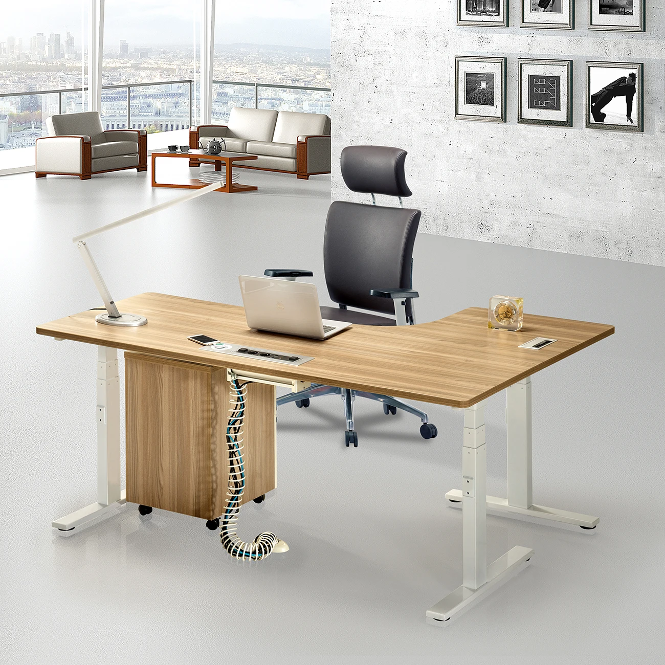 Office motorized auto table legs height adjustable triple motor L shape computer desk office sit to stand table