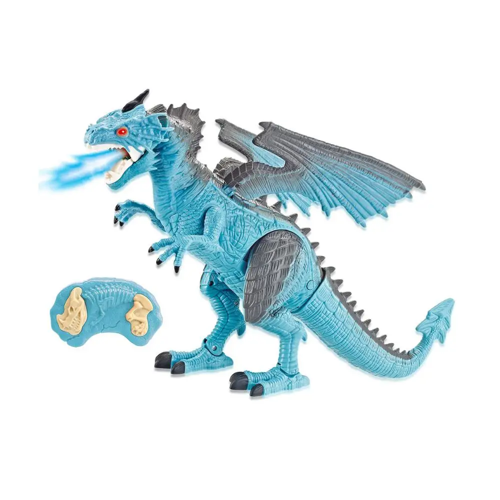 Remote Control Walking Dinosaur Toy with Breathing Smoke, Shaking Head, Light Up Eyes, and Sounds - Ice Dragon