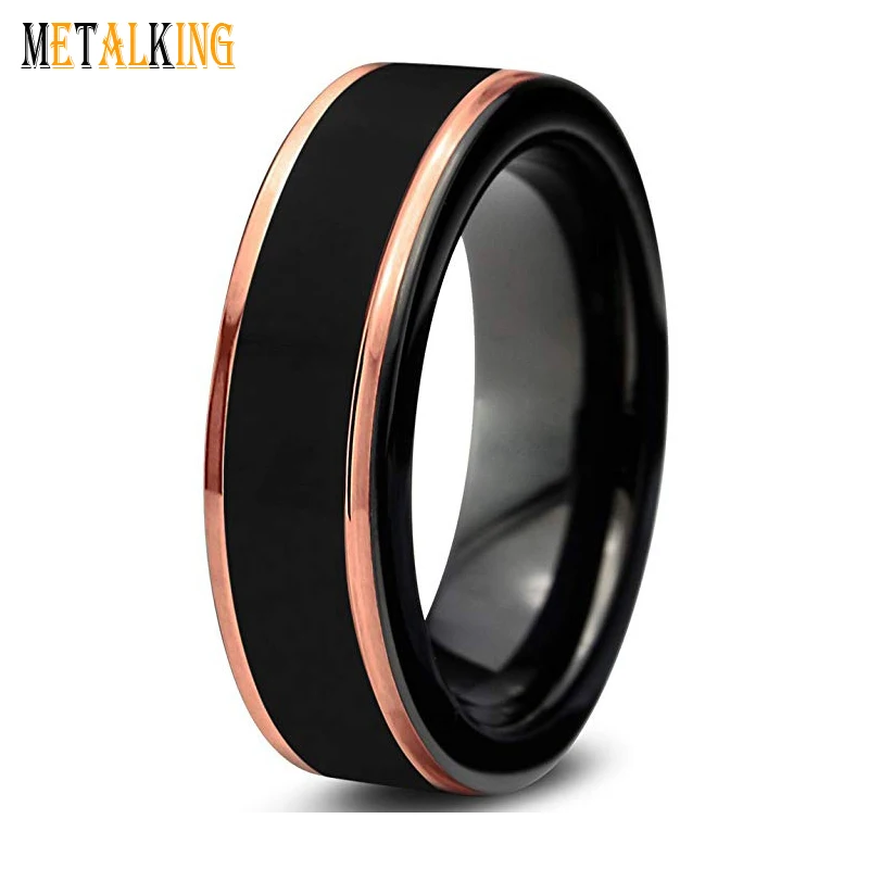 Mens and Womens Black and Rose Gold Stepp Edge Polished Tungsten Wedding Band Ring 6mm Comfort Fit