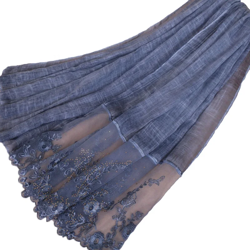 Wholesaler Fashion Beautiful Soft Cotton Lace Diamond Tie Dye Solid Color Islamic Muslim Women Hijab Shawl Scarfs pashmina