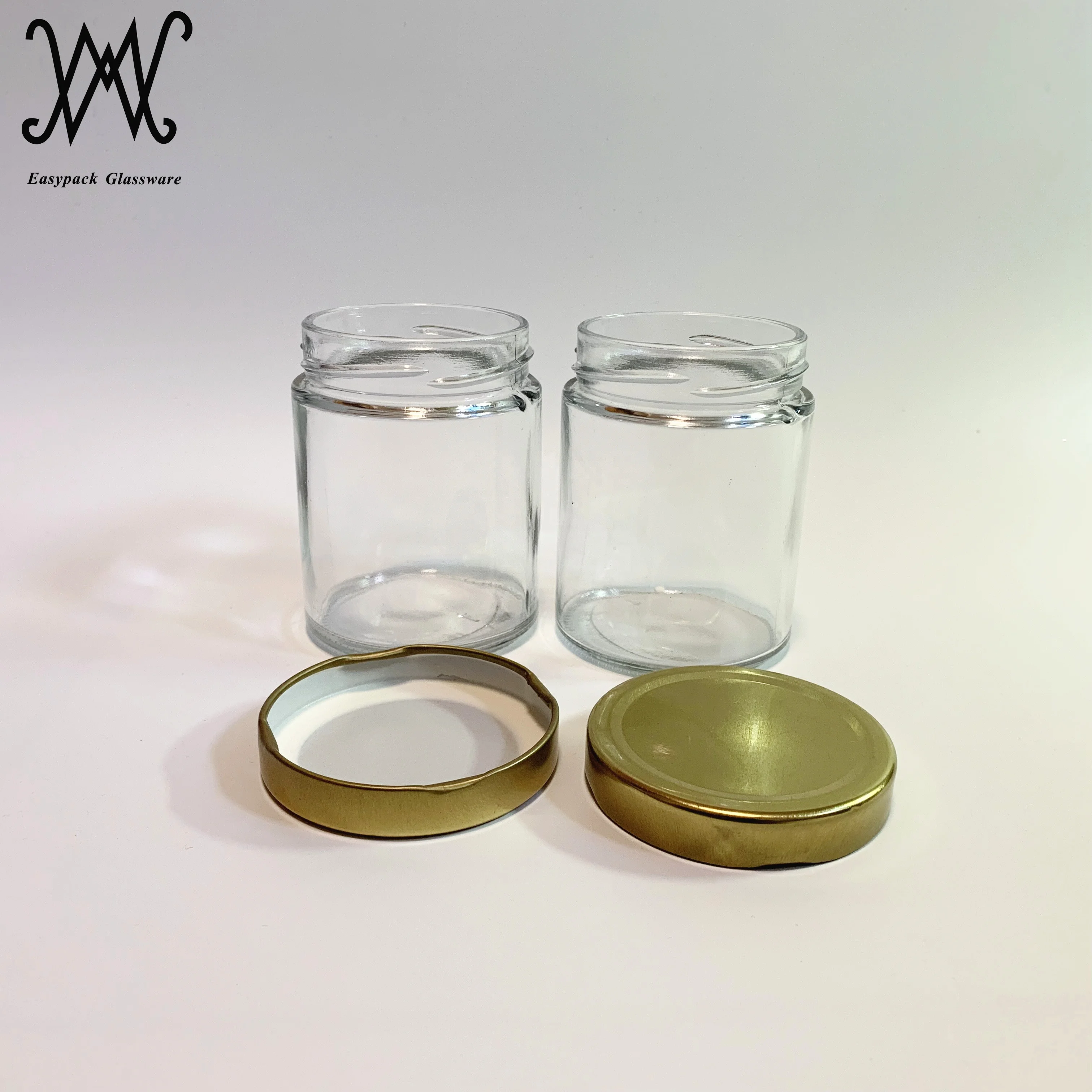 250ml straight sided round clear glass honey food jam jar with twist off lug gold metal lid