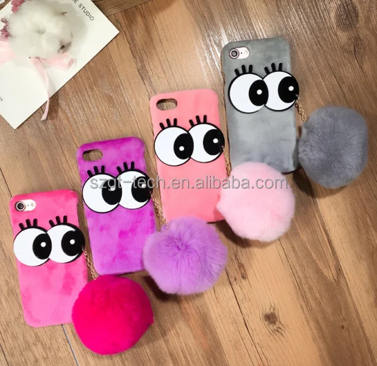 
big eyes tassel fur Mobile Phone Case for iPhone 7,fluff ball leather case for For iPhone 7, for iPhone 7 rabbit fur pompom Case 
