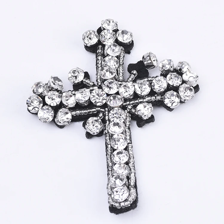 Yongze Fashion Clothing DIY Accessories Big White Rhinestone Beaded Cross Embroidery Patch