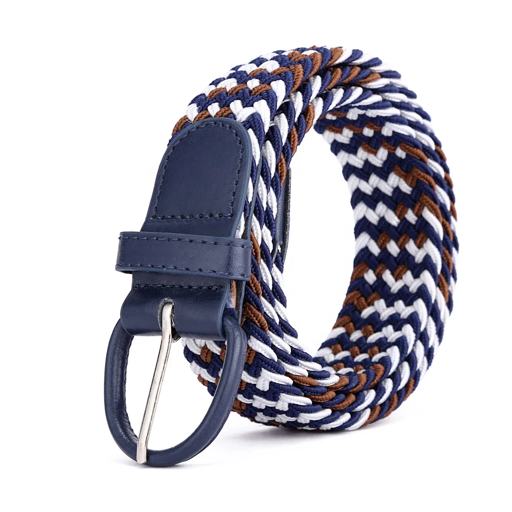 Braided Woven Elastic Stretch Belt With Matching Leather Covered Buckle