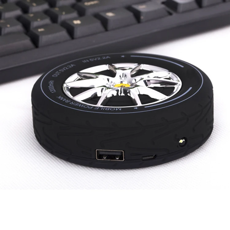 Fashion car wheel tire shaped mobile battery charger,12000mah 2A output tyre power bank for smartphone