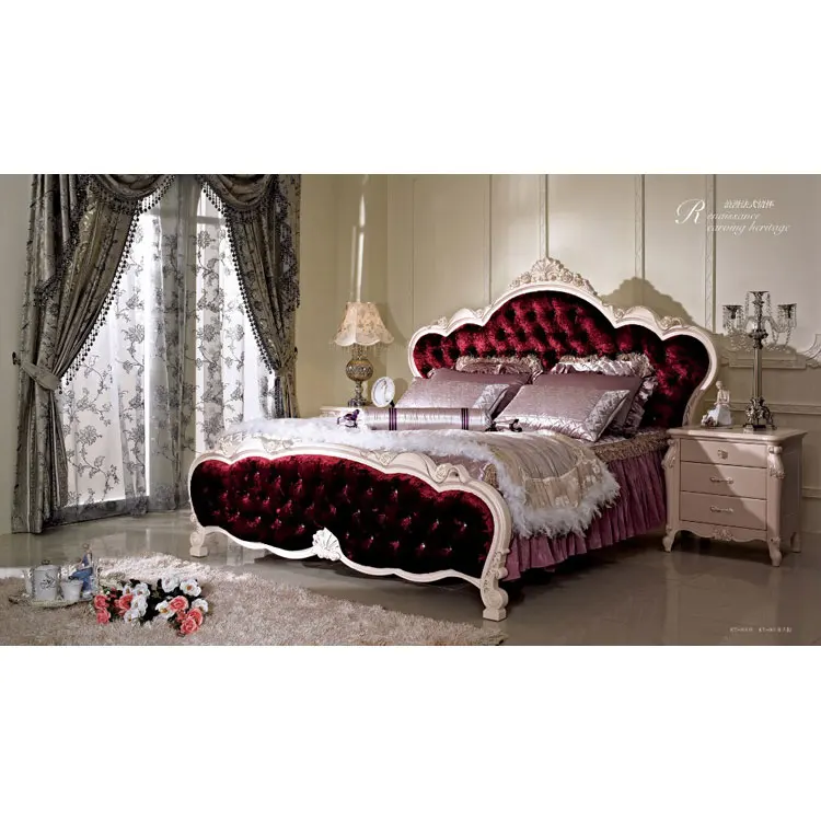 French style furniture romantic fabric wedding  bed with diamond buttons
