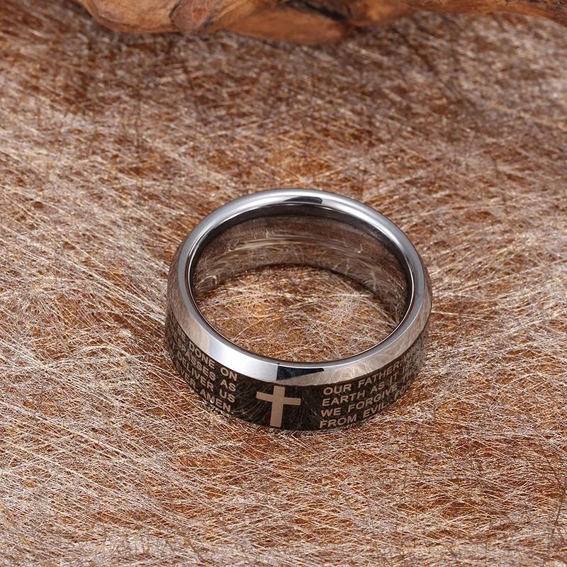 Christian Gift Accessories English Version Bible Jesus Cross Ring Tungsten Carbide Ring