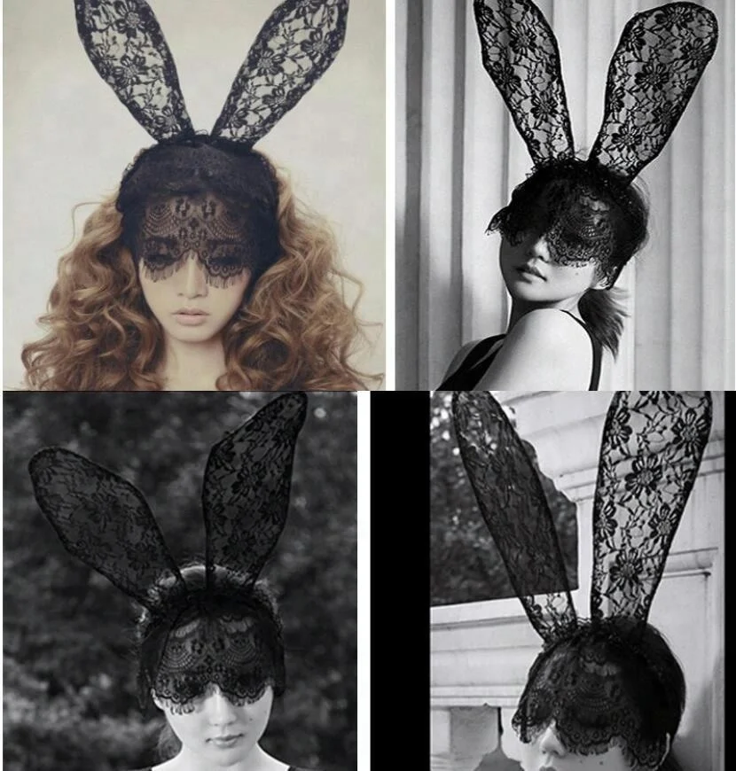 Black White Red mask with Lace Big bunny ears party Halloween Hair accessory