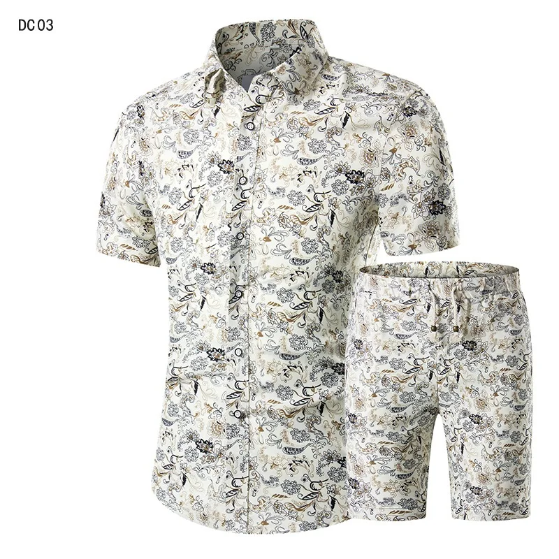 Mens short Sleeve shirt Summer Style Short Suit print plus size Set with stock price