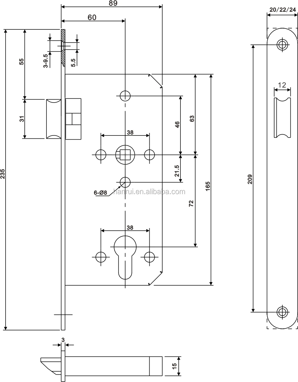 CE certificate EN12209stainless steel outdoor lock body  / fire rated door lock case / sash lock for government project
