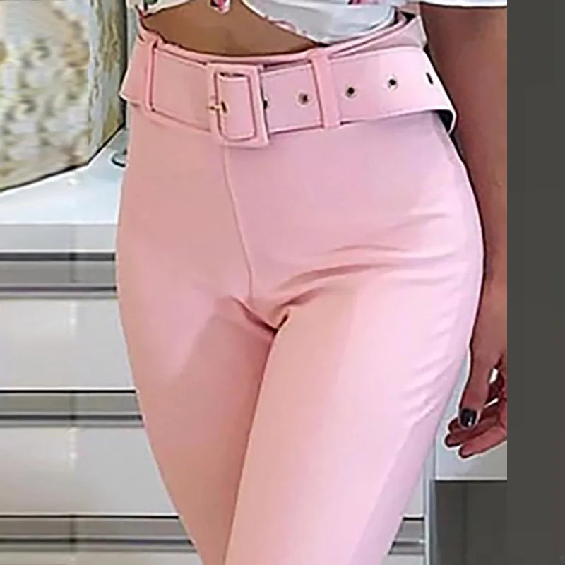 women solid polyester High Waist Bell-Bottom Casual long  flare leg Pants Flat front  waist belt  front zip fly full length