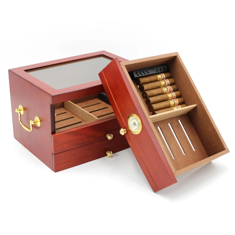 100CT glass top wood cigar humidor