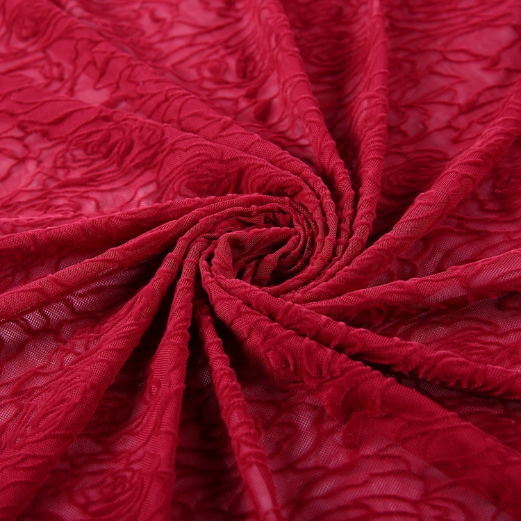 
High quality custom red floral design polyester african flock fabric for garments 