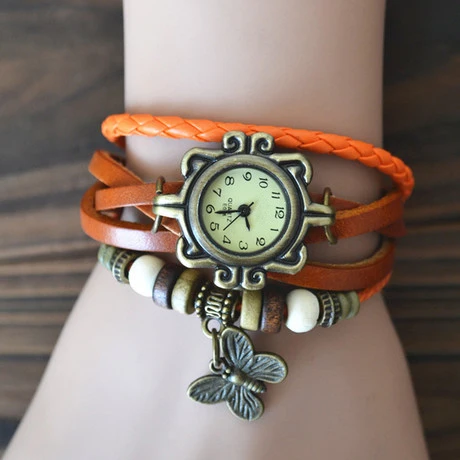 Fashion Ladies Wrist Women Watch Vintage Tribe Brass Dial Shell Leather Cord Quartz Bracelet Watch