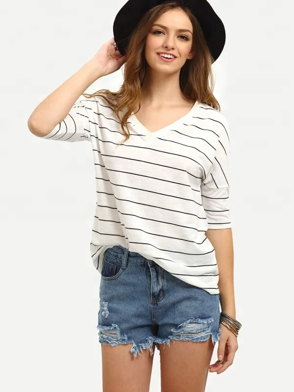 Ladies V Neck Stripe Elbow Half Sleeve T-Shirt