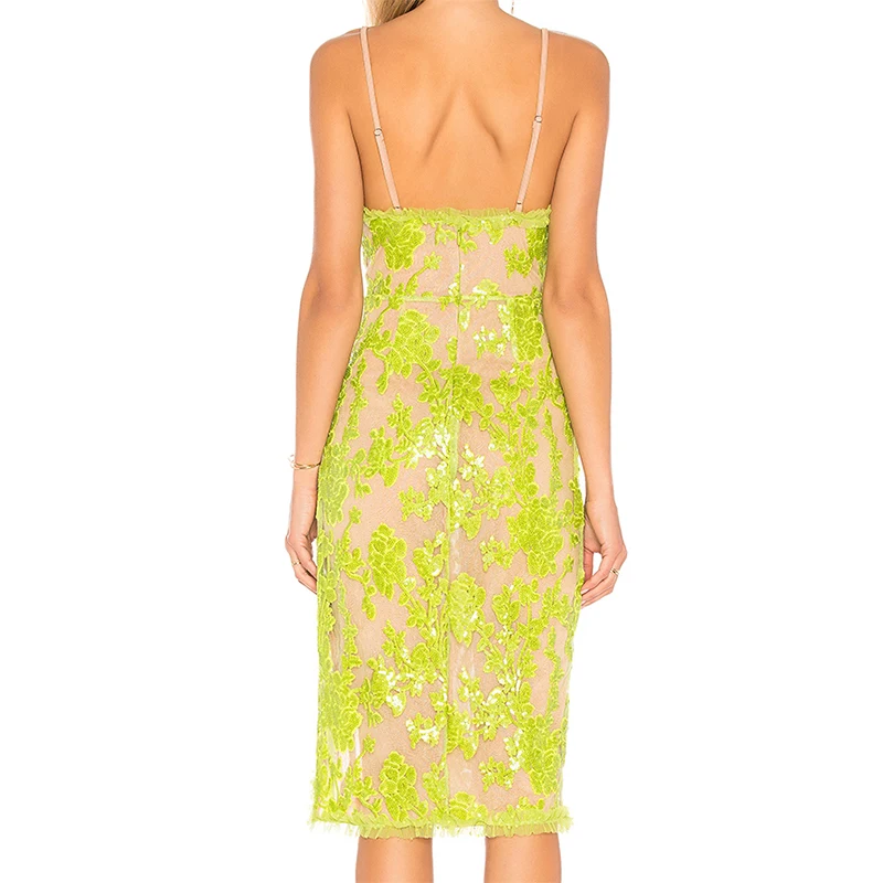 women adjustable shoulder straps v- neck dressFloral sequin embroidered Lace Sheath Back zipper closure sleeveless Scalloped hem