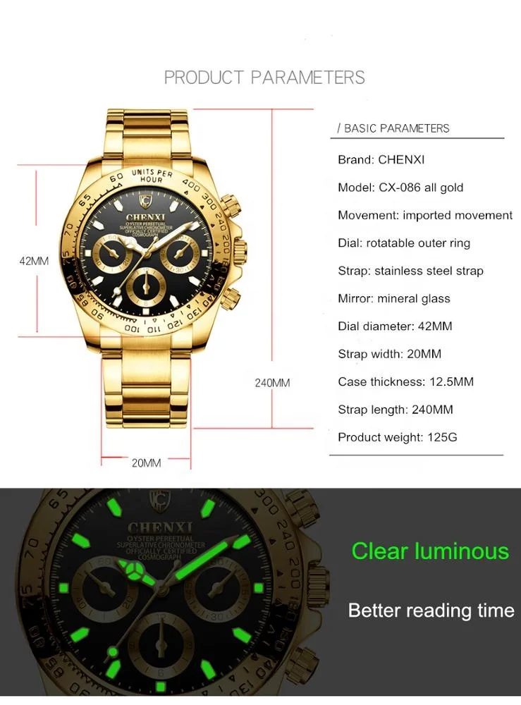 Custom 5 ATM Waterproof Wrist Watch Gold Color Men Luxury Watch Chronograph