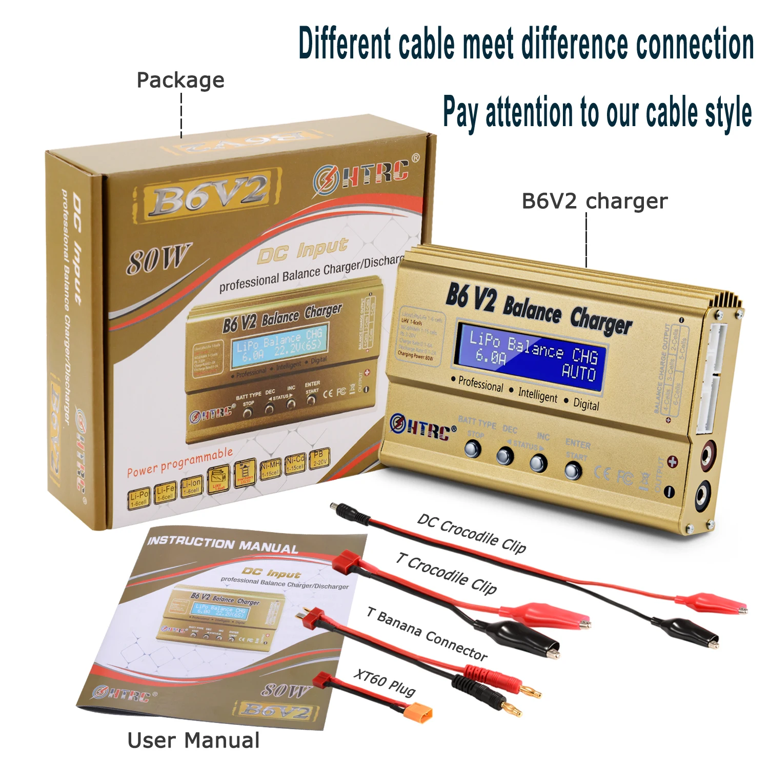 
HTRC B6 V2 80W Professional Digital Lipo Battery Balance Charger Discharger for LiHV LiPo LiIon LiFe NiCd NiMH PB Battery 