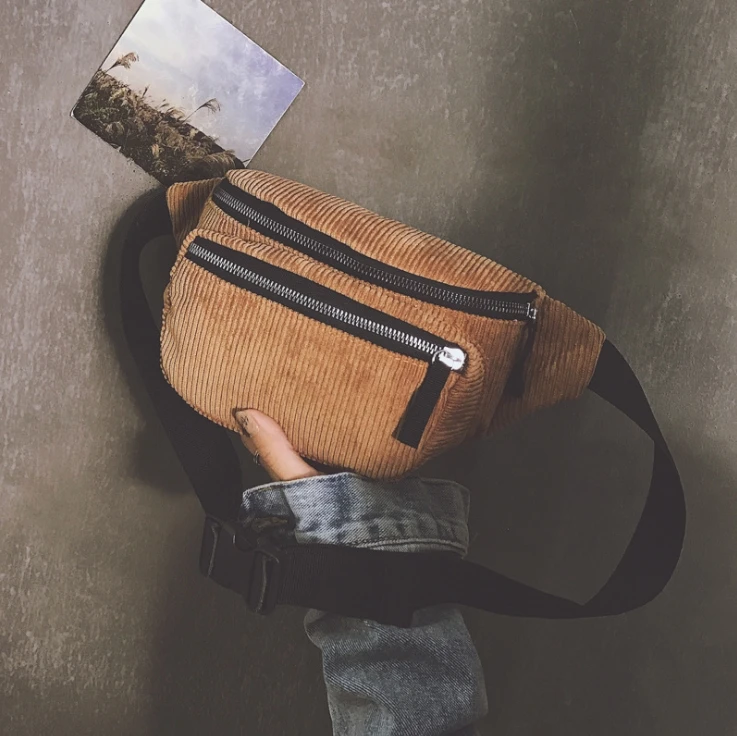 New Leisure Zipper Corduroy Messenger Bag Chest Waist Bag Packs For Ladies