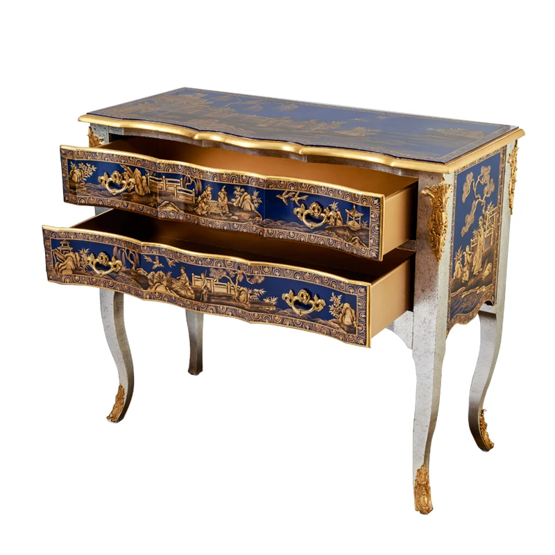 Furniture End Table Two Drawer Side Table Console Desk and Blue Silver Color Bird Painting Living Room Entryway Wooden Antique