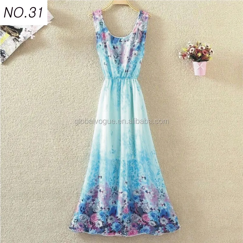 2015 summer hot sales women vacation beach bohemian dress,floral dress sleeveless vest chiffon dress